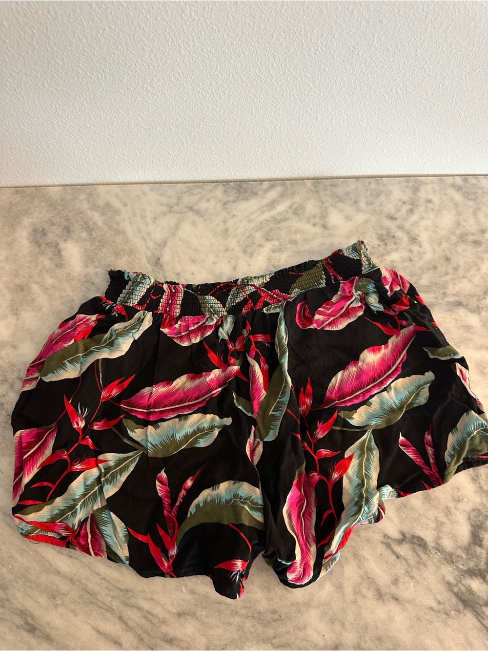 Volcom Black High-Waist Tropical Shorts with Pink & Green Leaf Print